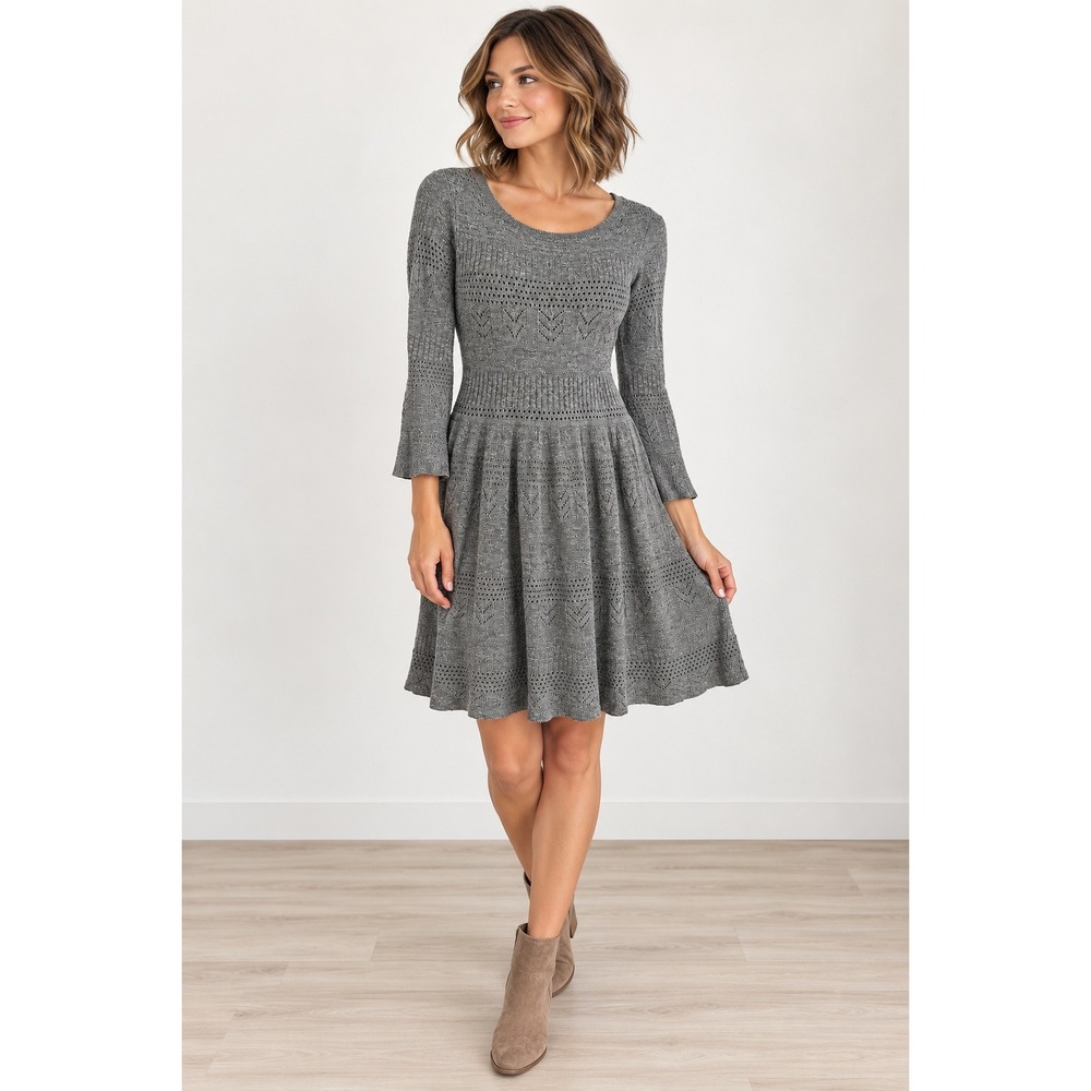 American Eagle Womens Fit Flare Gray Pointelle Knit Lined Sweater Dress Small